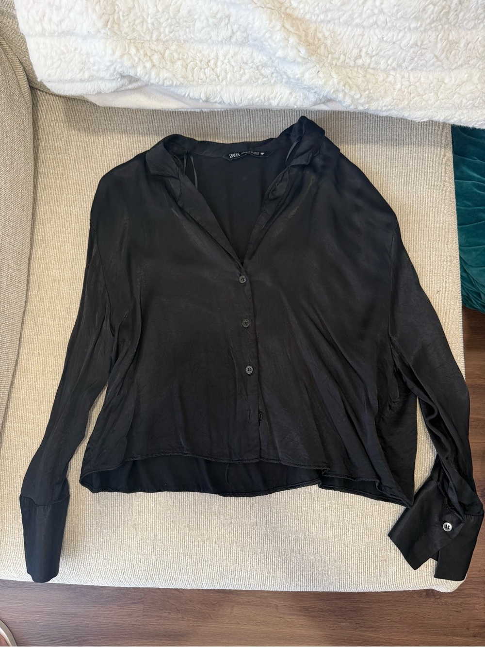 Zara Black Button-Front Silky Long-Sleeve Shirt